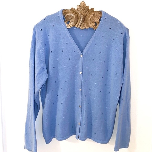 VINTAGE 90s Knit Costal Grandma Cottagecore Granny Powder Blue Cardigan - Picture 1 of 5
